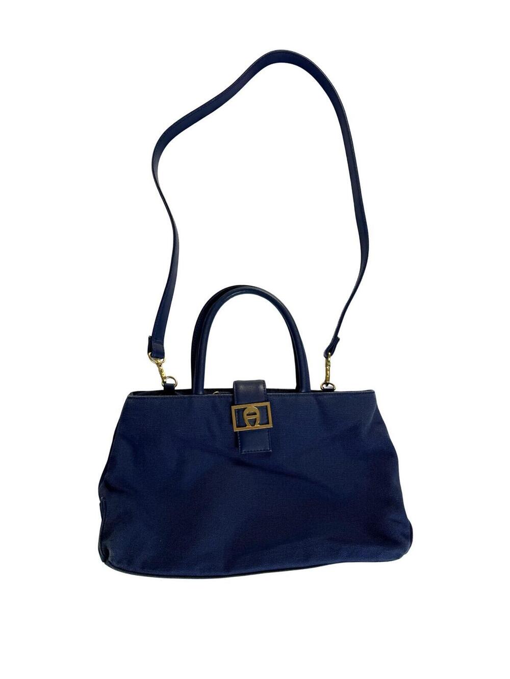 Etienne Aigner Navy Canvas Satchel Crossbody Bag Gold Logo Hardware